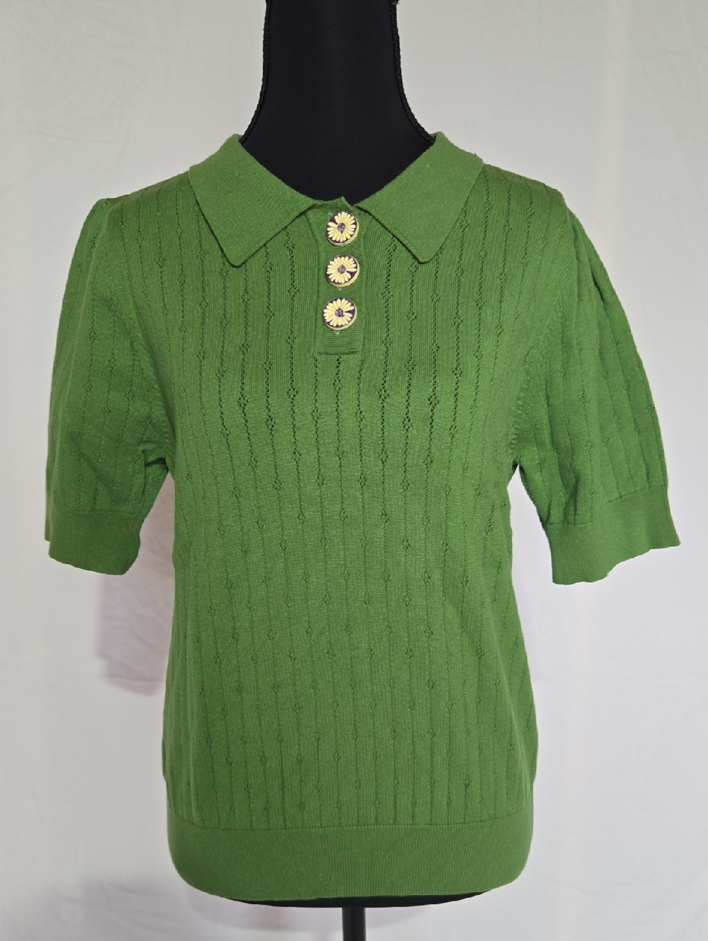 NWT Unique Vintage Green Knit Polo Sweater with Daisy Buttons